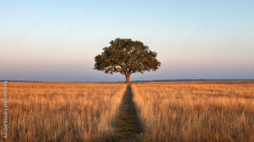 Fototapeta premium Lone tree in golden field under a bright sky, peaceful rural landscape.