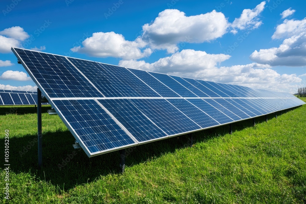 Solar Panels Capturing Sunlight in a Field of Green Grass and Blue Skies Solar Panels Capturing Sunlight in a Field of Green Grass and Blue Skies
