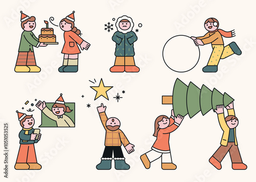 Cute characters enjoying Christmas. outline simple vector illustration.