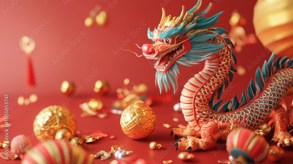 Happy Chinese New Year. 3D Illustration of Gold Dragon on Red Background Happy Chinese New Year. 3D Illustration of Gold Dragon on Red Background