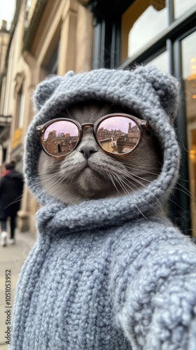 Cat wearing sunglasses and cozy knitted hoodie in urban setting