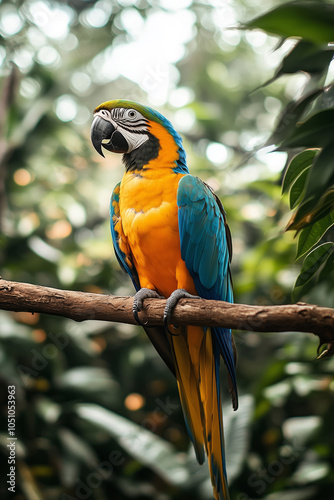 Close-up image of an Ara parrot on a tropical tree branch in the rainforest