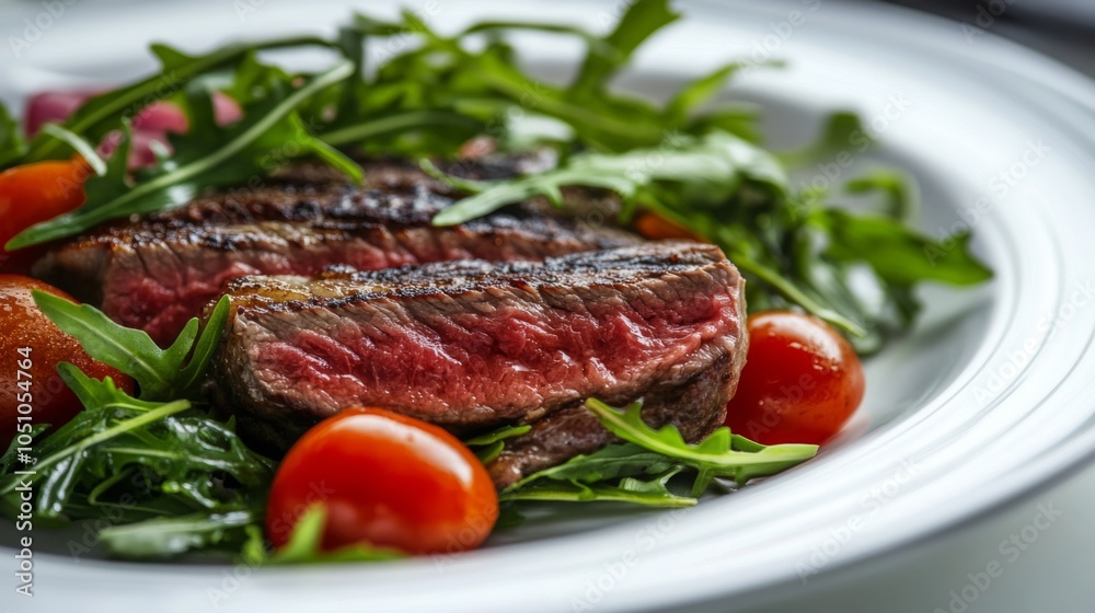 Juicy Steak with Fresh Arugula and Cherry Tomatoes Juicy Steak with Fresh Arugula and Cherry Tomatoes