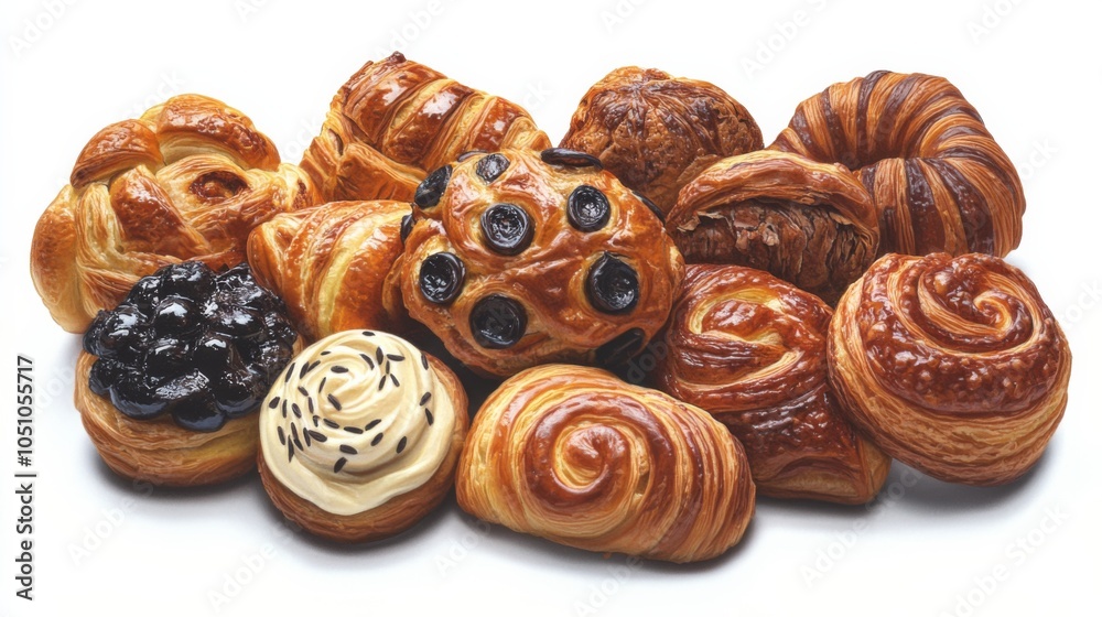 Assorted Pastries on White Background with Warm Lighting Assorted Pastries on White Background with Warm Lighting