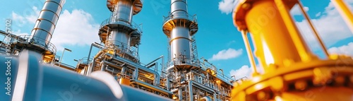 Industrial plant with towering pipes and blue sky, showcasing modern engineering and energy production processes.