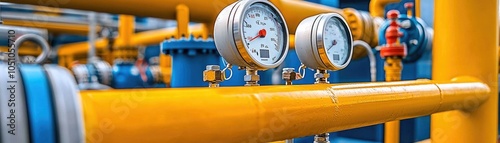 Industrial pressure gauges on yellow pipes, showcasing modern engineering and precision in a vibrant industrial setting. photo