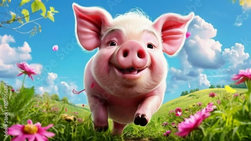 Cute pig on the hill