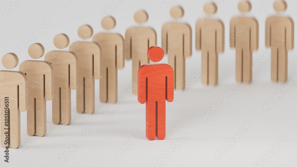 3D illustration of Wooden doll.Stand out from the crowd. Different person figure in team group.3D rendering on white background.