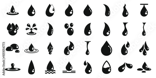 Waterdrop icons set. Various depictions of water droplets, showcasing falling, splashing, merging, and forming ripples and puddles