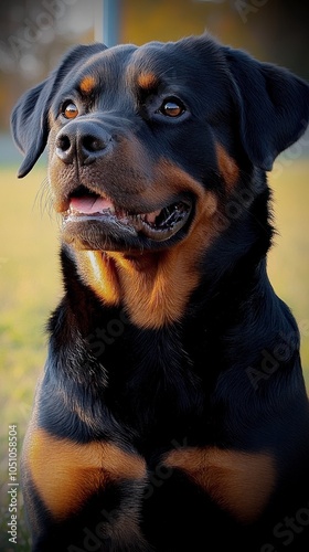 Bella foto de perro Rottweiler a contraluz, muestra una actitud positiva y equilibrada.Concepto de salud canina