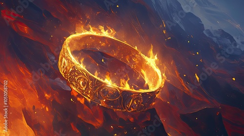 A Golden Ring Surrounded by Flames on a Red and Blue Background