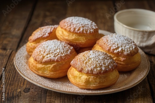 a plate of delicious brown choux au craquelin with icing sugar photo