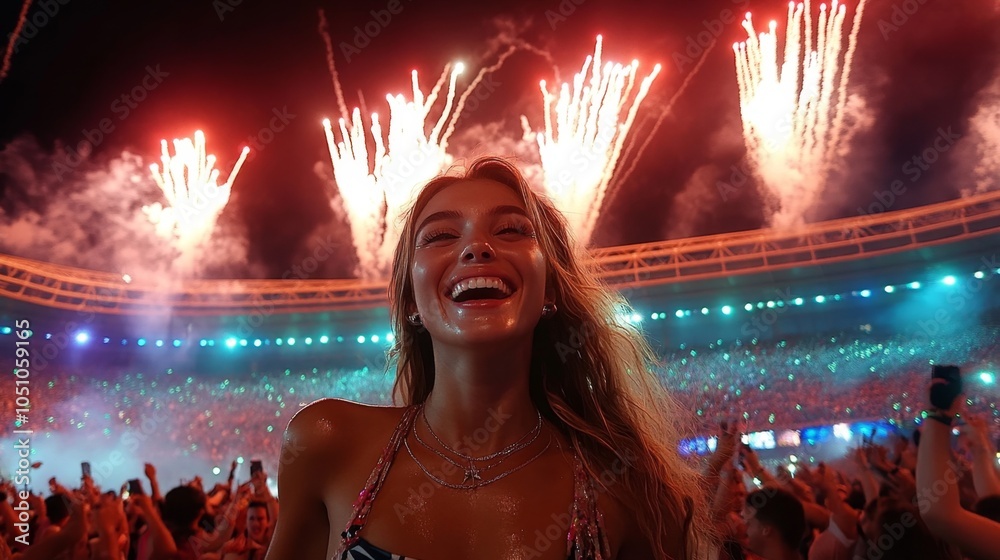 Naklejka premium Joven rubia, eufórica, gritando en el concierto o inauguración de un gran festival musical. Concepto de celebración en espacios abiertos, con fuegos artificiales y gran logística.