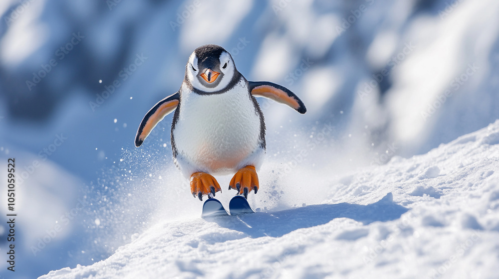 Obraz premium A playful penguin slides joyfully down a snowy slope on a bright winter day