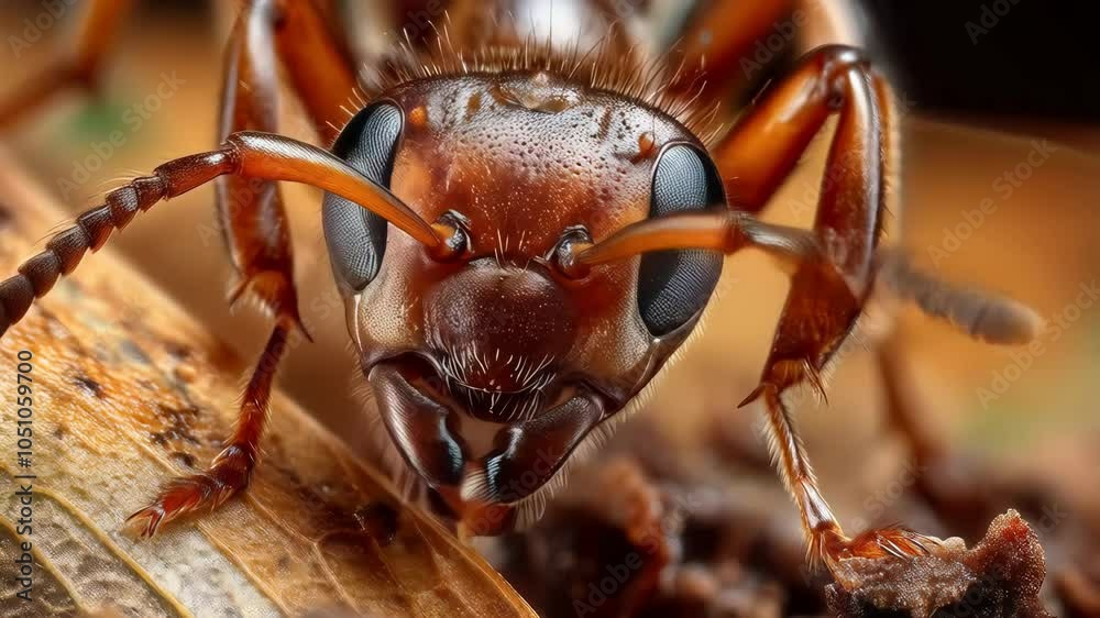Red wood ant in extreme macro close up on a branch, with intricate features on full display against a forest backdrop. Highlighting nature's wild beauty up close