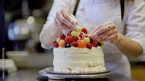 Baker Decorating a Fruit-Topped Cake with Powdered Sugar photo