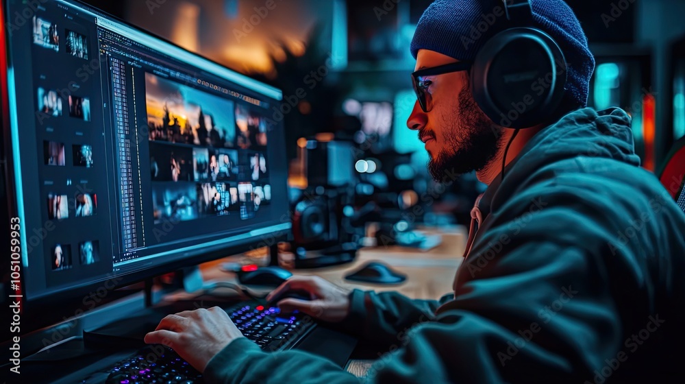 A Man Wearing Headphones and a Beanie Edits Video on a Computer A Man Wearing Headphones and a Beanie Edits Video on a Computer