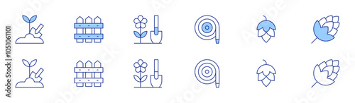 Gardening icon set in two styles, Duotone and Thin Line style. Editable stroke. gardening, fence, hose, hop