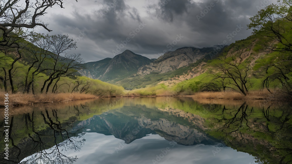 Fototapeta premium Tranquil Mountain Lake with Dramatic Clouds and Tree Reflections