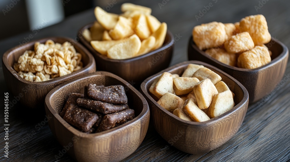 Assorted Organic Snacks in Bamboo Bowls Assorted Organic Snacks in Bamboo Bowls