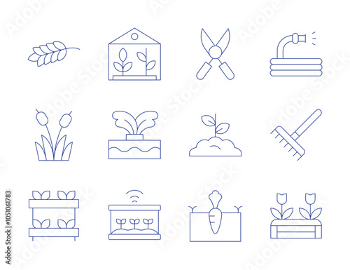 Gardening icons. Thin Line style, editable stroke. gardening, grain, pruning shears, greenhouse, hydroponic, plant, plants, reed, sprout, hose, garden, rake