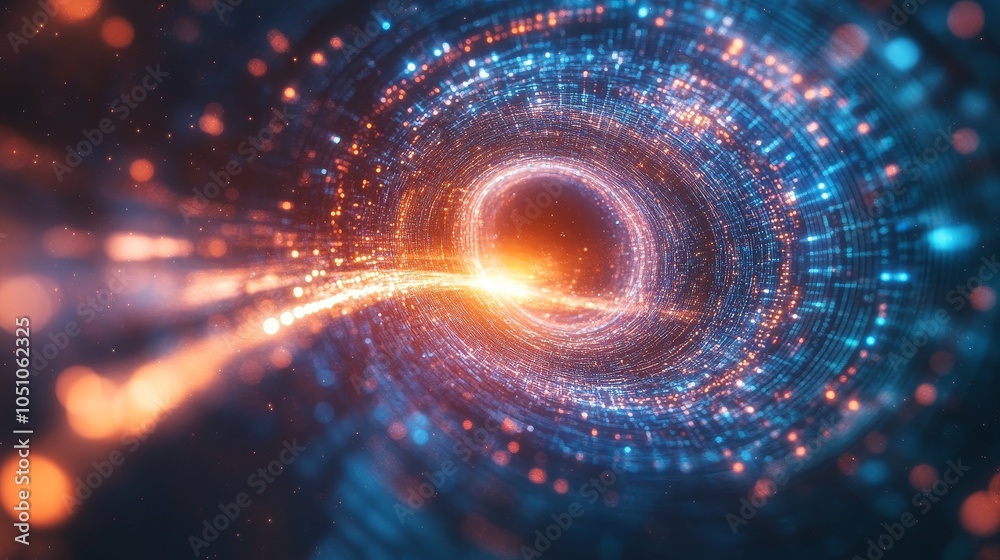 Obraz premium The dynamic abstract image displays a radial vortex formed by a chaotic data cluster, highlighting the complexity and motion of information in a striking way