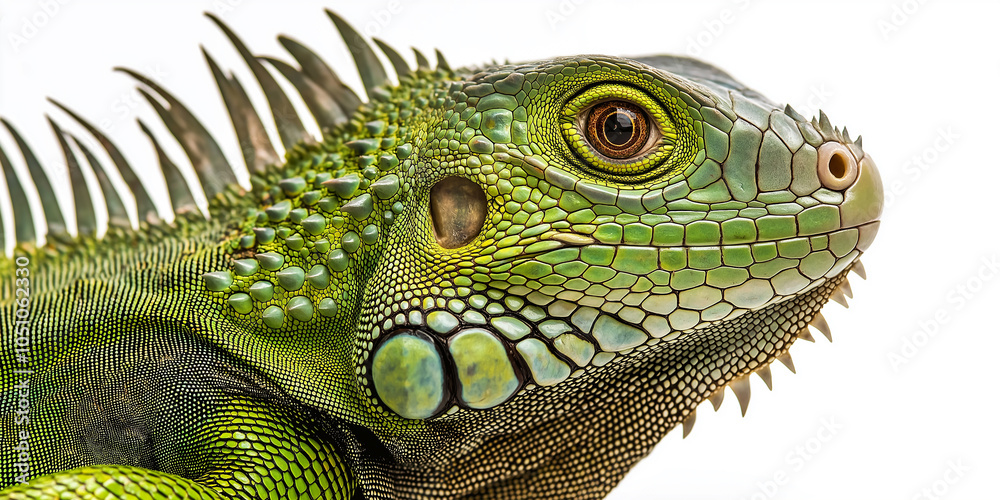 Fototapeta premium Green iguana posing on white background showing spikes and scales