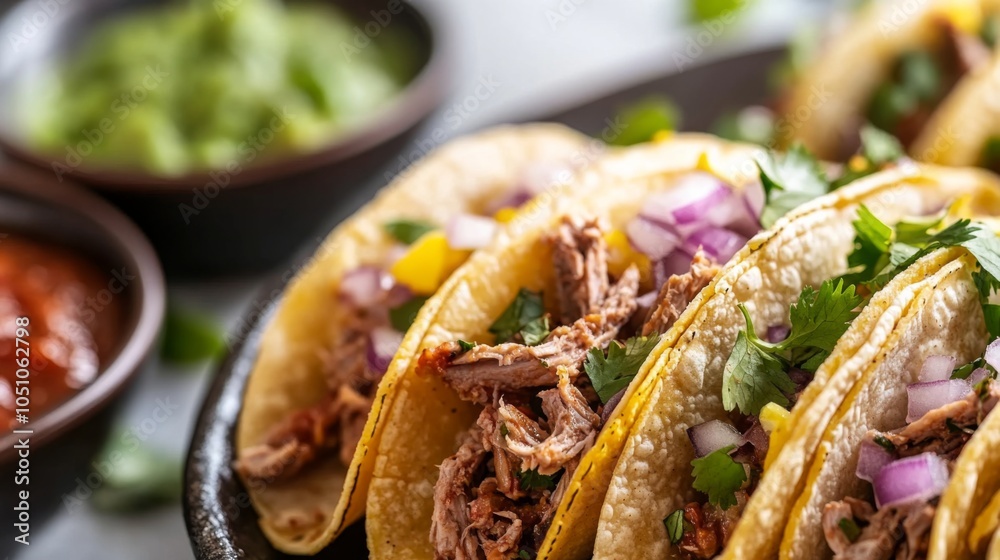 Close-Up of Vibrant Tacos with Fresh Salsas and Garnishes Close-Up of Vibrant Tacos with Fresh Salsas and Garnishes