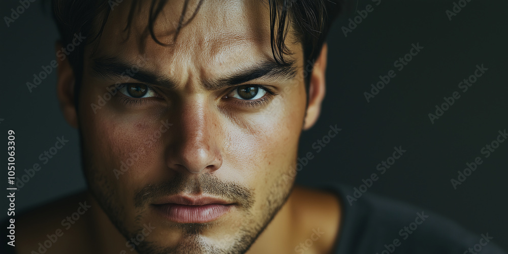 Close-up portrait of a serious young man showing anger