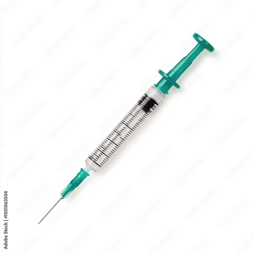 A medical syringe used for injections or vaccinations, featuring a clear barrel and a green plunger for easy visibility. A medical syringe used for injections or vaccinations, featuring a clear barrel and a green plunger for easy visibility.