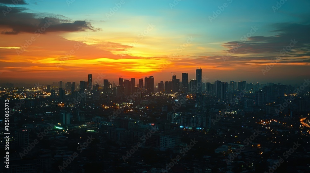 Fototapeta premium City skyline at sunset with orange sky.