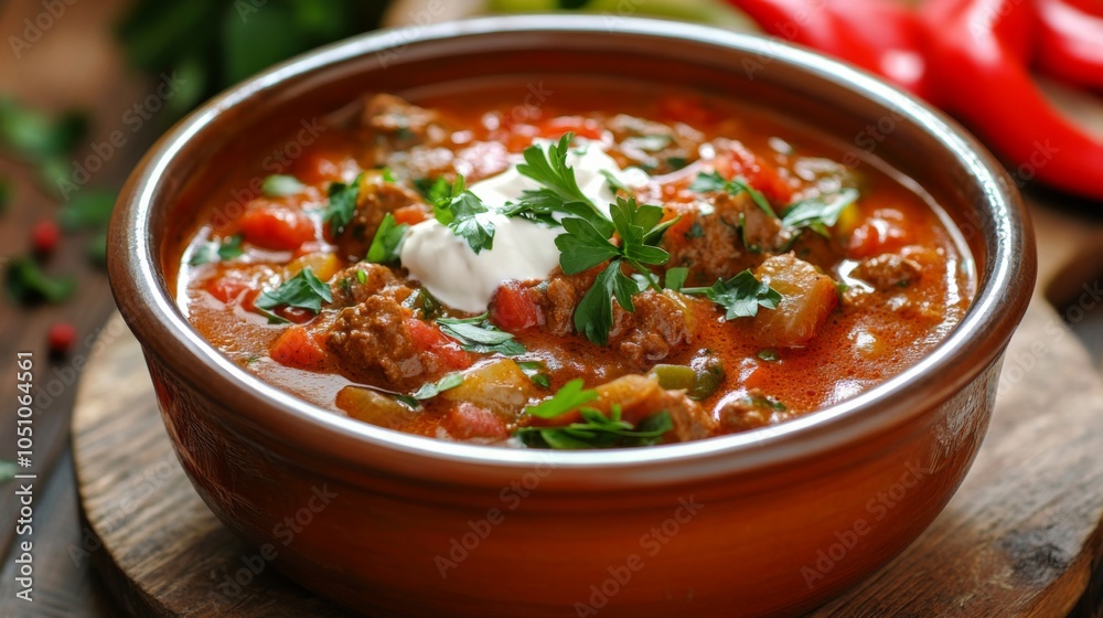 Goulash with Paprika and Sour Cream in Rustic Setting Goulash with Paprika and Sour Cream in Rustic Setting