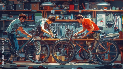 Bike Repair Shop Men Working on Bicycles in Garage