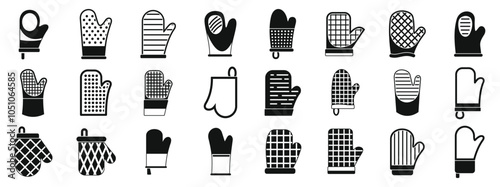 Fireproof kitchen mittens icons set. Different types of kitchen gloves and oven mitts provide safety and prevent burns while handling hot cookware