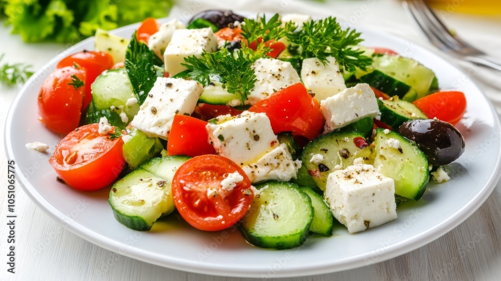 Fresh Salad with Cucumbers and Feta on White Background Fresh Salad with Cucumbers and Feta on White Background