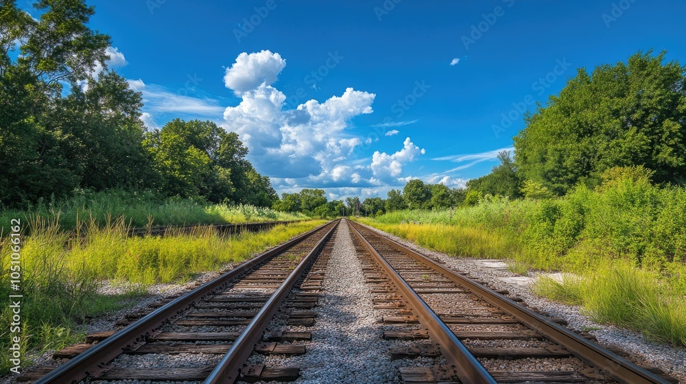 A distant view of a railway switch system where the tracks split into different directions, set under a crisp blue sky and flanked by greenery A distant view of a railway switch system where the tracks split into different directions, set under a crisp blue sky and flanked by greenery