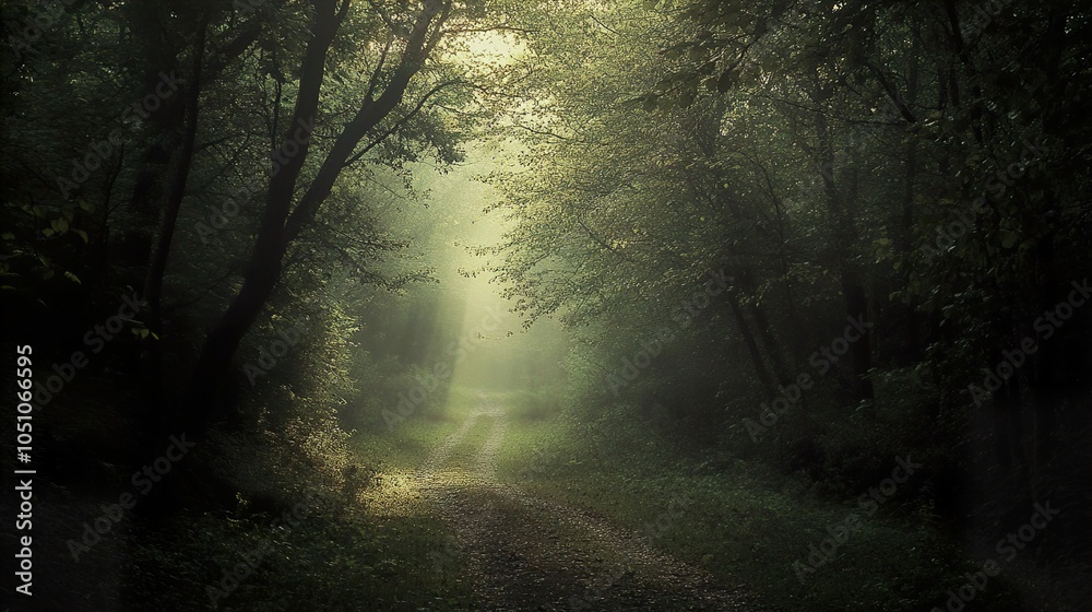 Obraz premium Enchanted Forest Path: Sunlight Through the Mist