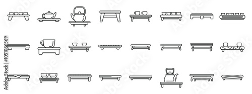 Tea ceremony table icons set. Set of tea ceremony accessories showcasing various serving trays, teapots, cups, and essential items for a traditional tea experience