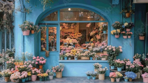 A flower shop in pastel blue with an arched window, the interior full of romantic flowers in soft pinks and blues, creating a picturesque, cozy scene