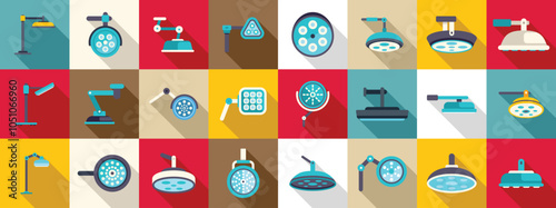 Surgical lamp icons set. Surgical lamps casting a bright light, essential tools for surgeons and medical professionals during operations and examinations