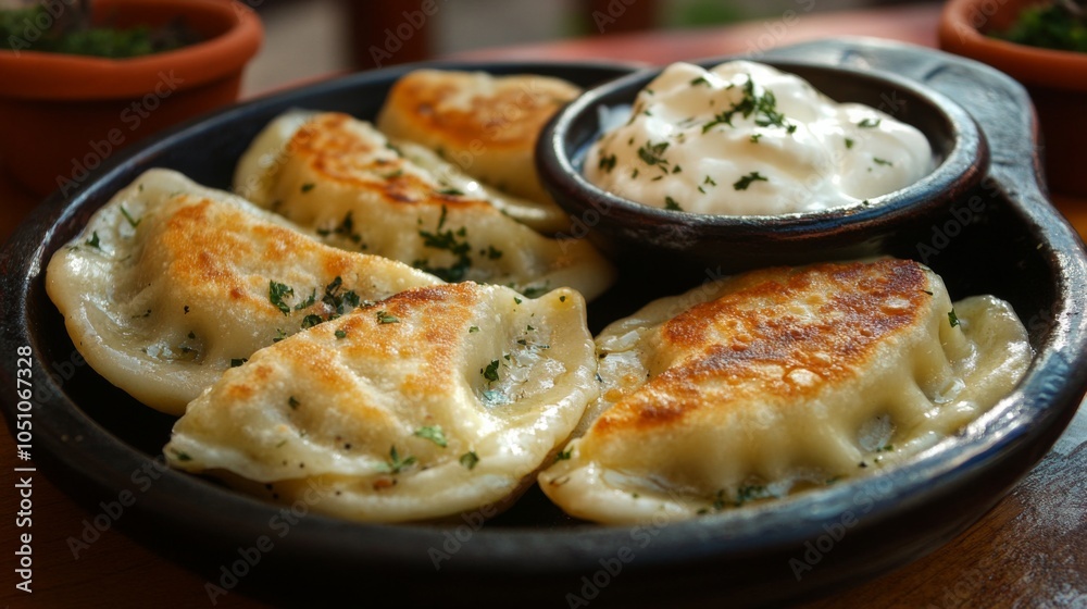 Delicious Pierogi with Cream in Warm Outdoor Light Delicious Pierogi with Cream in Warm Outdoor Light