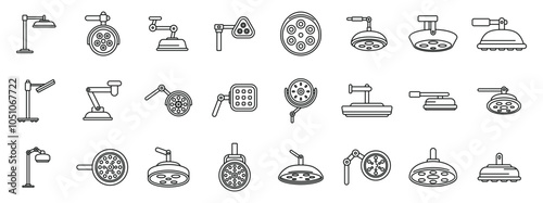 Surgical lamp icons set. Collection of surgical lamps providing focused light during medical procedures