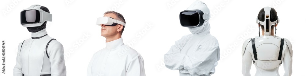The image features individuals wearing futuristic, high-tech suits and headgear, suggesting themes of technology, innovation, and possible virtual reality immersion. The image features individuals wearing futuristic, high-tech suits and headgear, suggesting themes of technology, innovation, and possible virtual reality immersion.