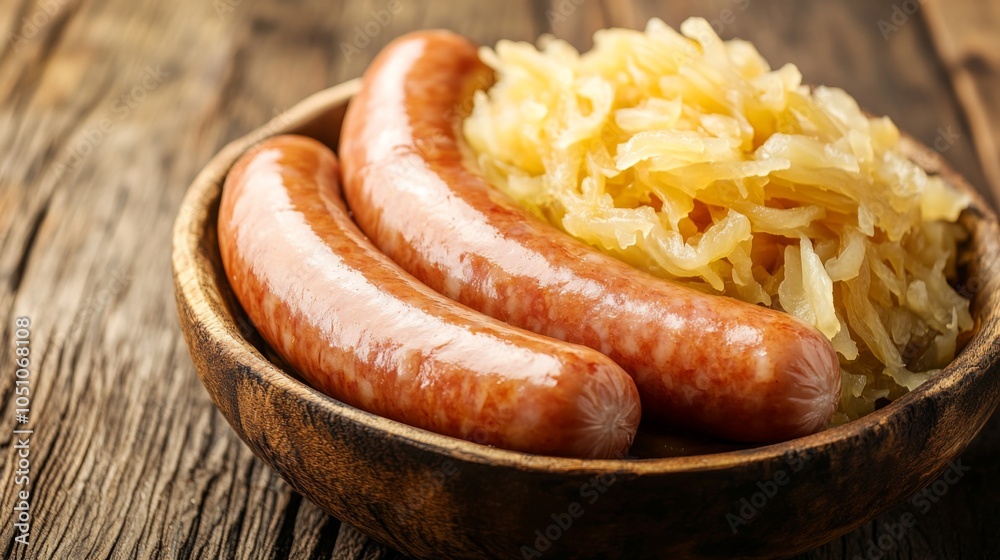 Sausages with Mustard and Sauerkraut in Soft Focus Sausages with Mustard and Sauerkraut in Soft Focus