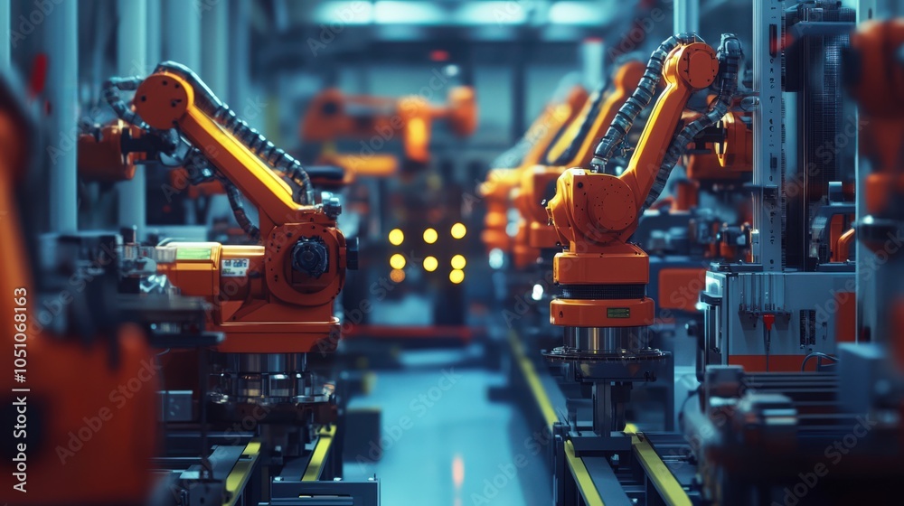 Fototapeta premium A factory with many robots in orange and gray