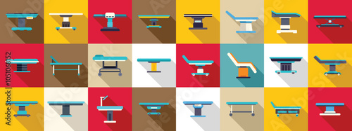Medical operating table icons set. Various medical stretchers and operating tables provide essential support for patient care and surgical procedures in healthcare settings