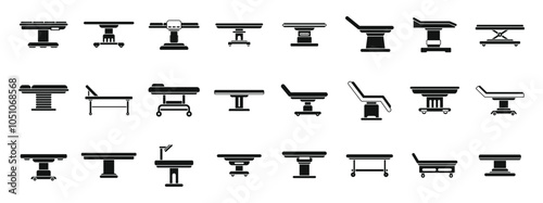 Medical operating table icons set. Collection of medical examination tables presenting various functionalities and designs for patient care