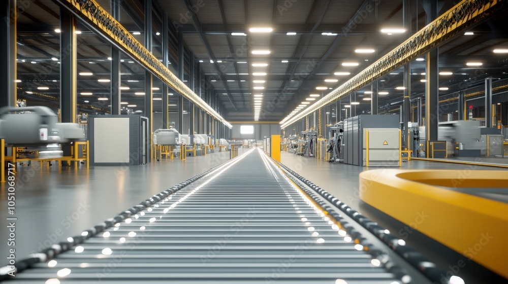 A factory with a conveyor belt and a sign that says A factory with a conveyor belt and a sign that says