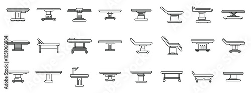 Medical operating table icons set. Exploring various medical examination table designs, highlighting their diverse features and utility in healthcare settings