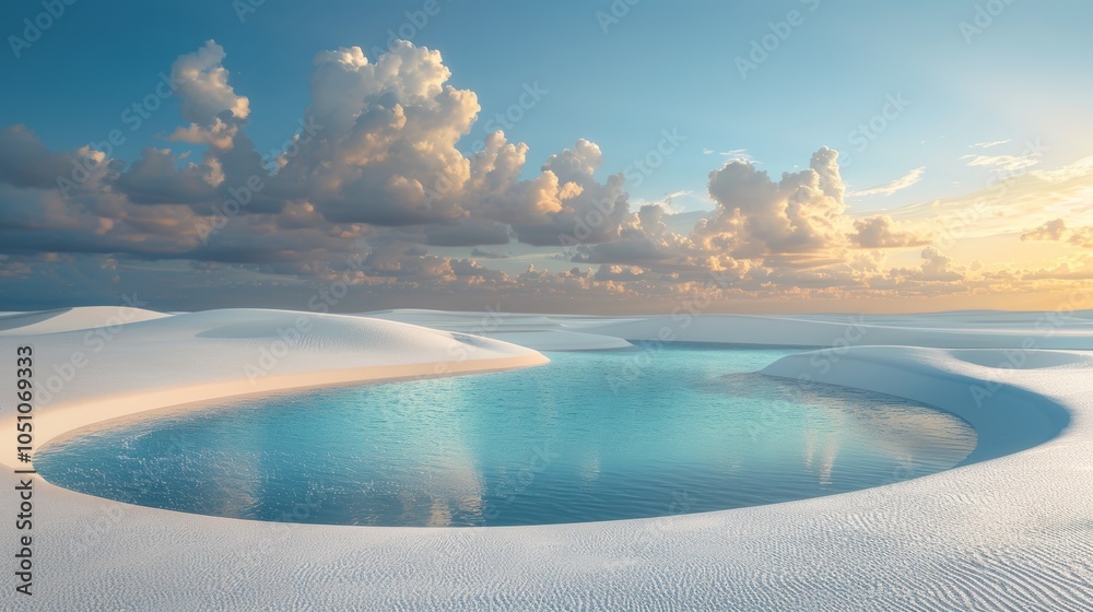 Fototapeta premium White Sand Dunes with Turquoise Lagoon and Cloudy Sky at Sunset